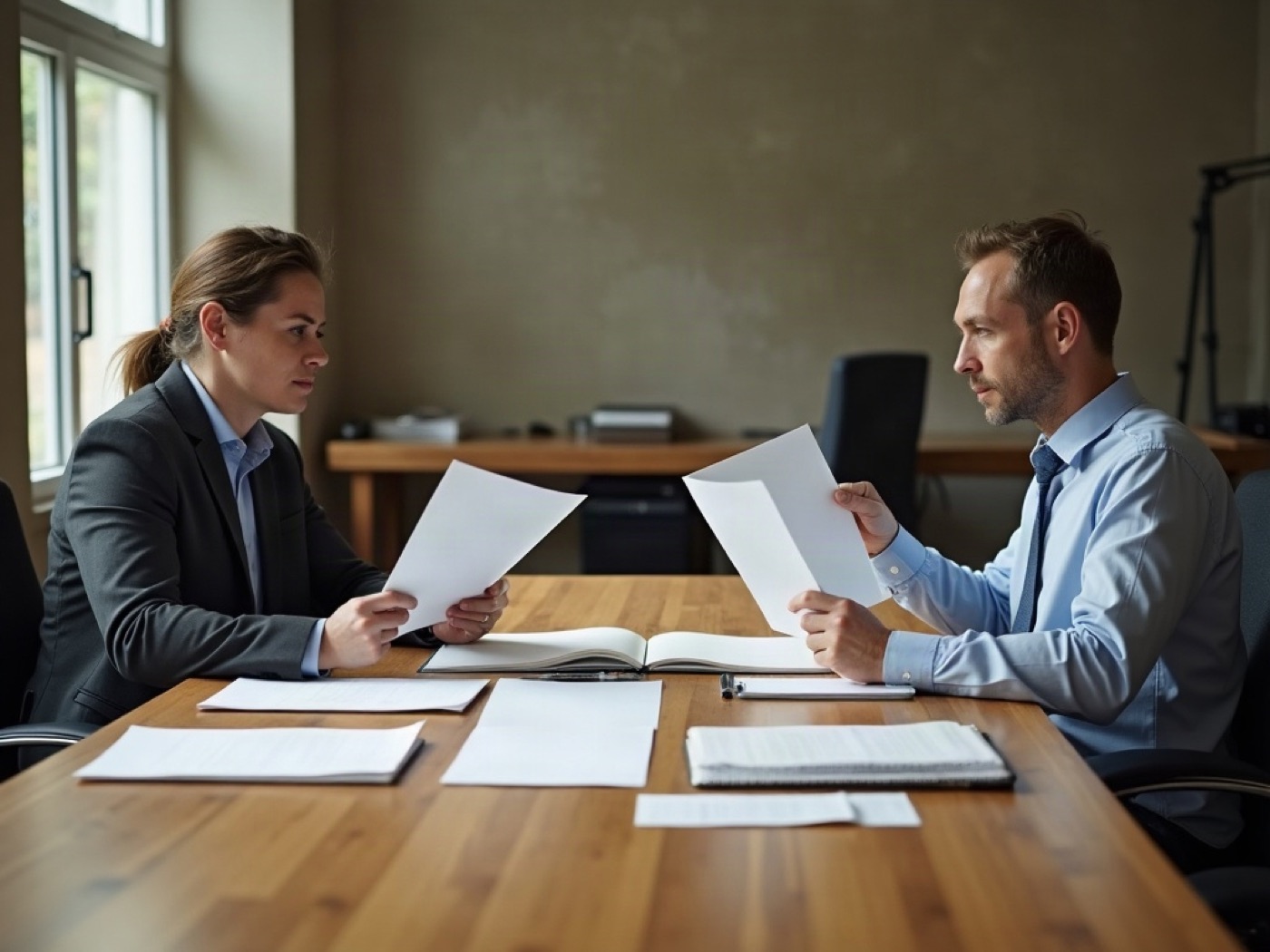 Two people reviewing papers at a long oak table