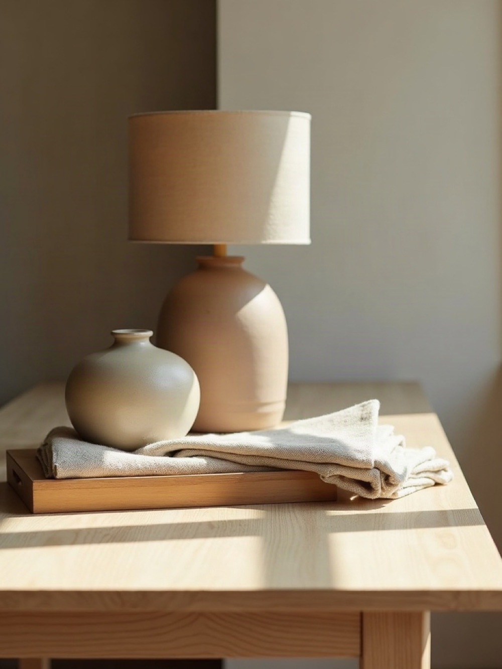 Ceramic vessel, folded linen, and a small lamp on an oak table