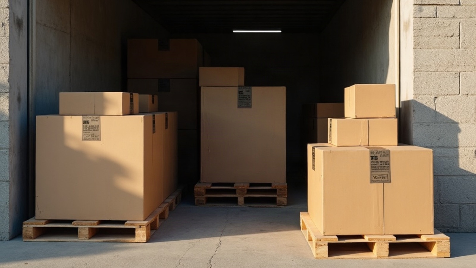 Loading dock with pallets of plain cartons and a closed truck