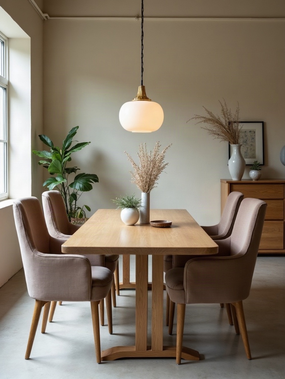 Oak table, linen chairs, and a sideboard in a showroom