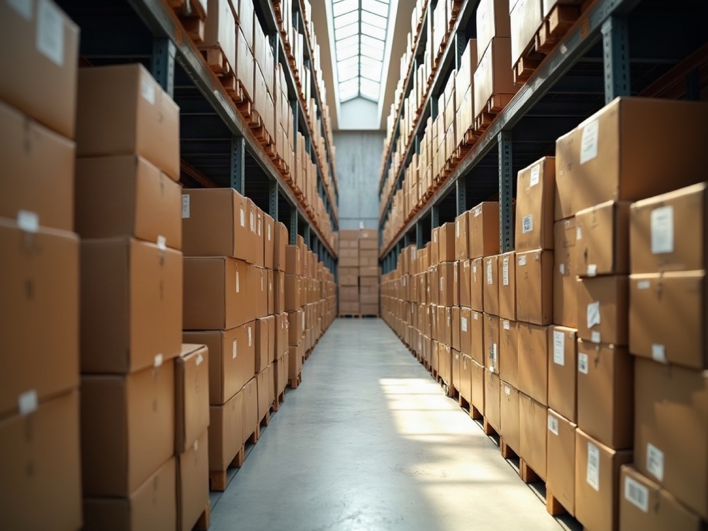 Aisle of plain kraft cartons in a wholesale warehouse
